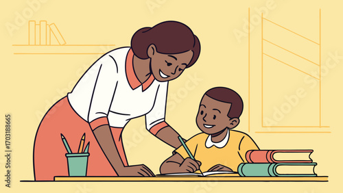 Teacher helping young student with schoolwork at a desk.