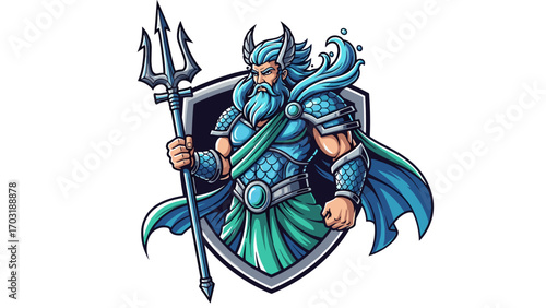 Majestic Poseidon Mascot Logo Illustration of a Powerful God with Trident and Shield