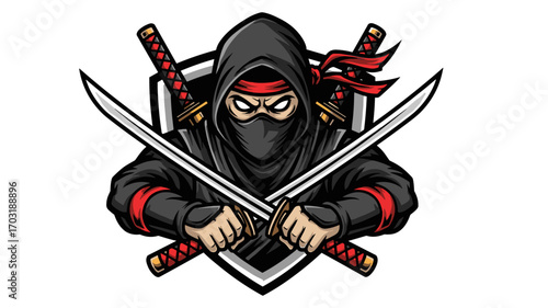 Ninja Warrior Mascot Logo Illustration with Crossed Swords and a Stealthy Hood for Gaming Teams