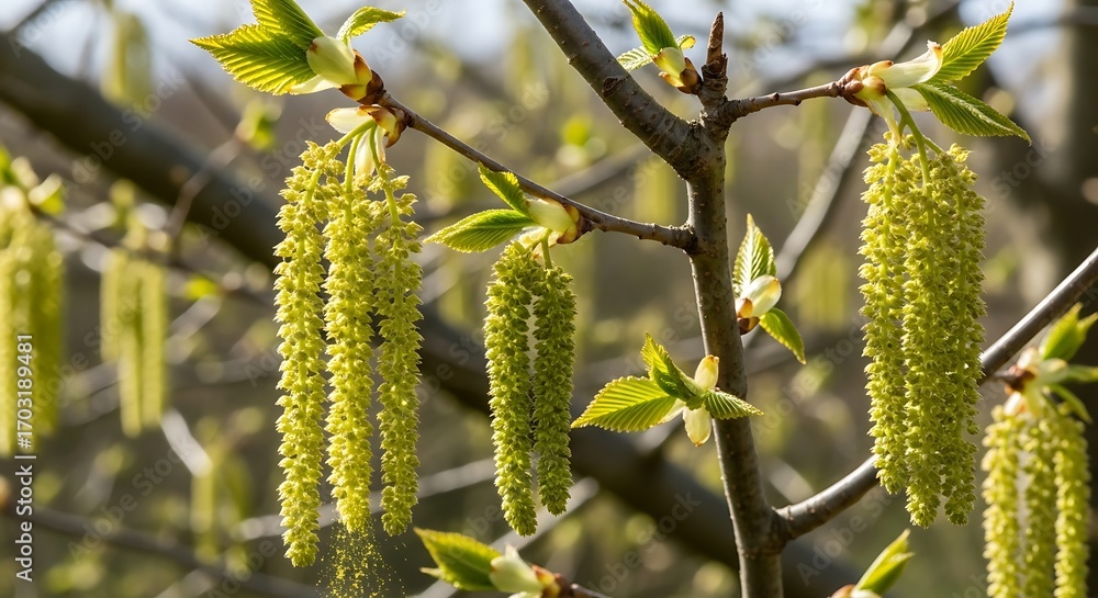 Obraz premium Closeup of Yellow Poplar Catkins Hanging from Branches.