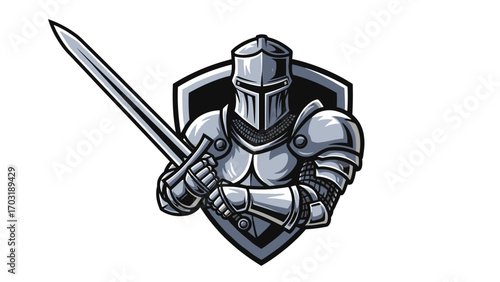 Mascot Logo Illustration of a Knight in Shining Armor Holding a Sword