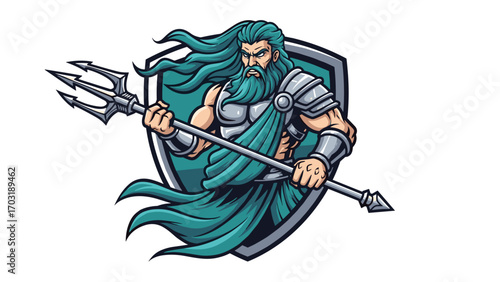 Mascot Logo Illustration of a Mythological Poseidon with Trident 