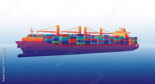 Massive container ship navigates vast ocean waters carrying global commerce and goods, symbolizing international trade and logistics power