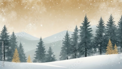 Wallpaper Mural Serene winter landscape with snow-covered trees and mountains under a golden sky Torontodigital.ca