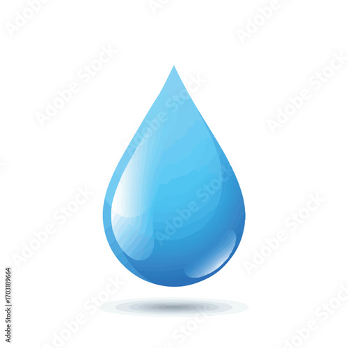 A vibrant, glossy blue water droplet elegantly descends, symbolizing purity, freshness, and the essential element of life on a pristine white background.