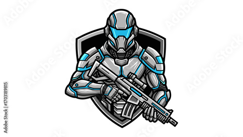 Cybernetic Trooper Mascot Logo Illustration with Rifle and Shield for Modern Esports Design
