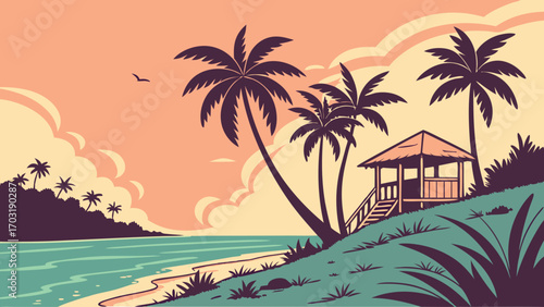 Tropical beach scene with palm trees and a gazebo on the shore.