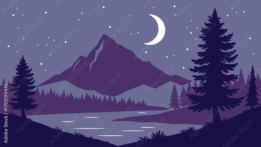 Fototapeta premium Night Landscape with Mountain, Crescent Moon, and Starry Sky.
