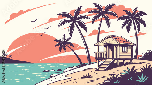 Tropical beach hut at sunset, idyllic vacation getaway, peaceful coastal scene, wooden cabin, palm trees, calm ocean.