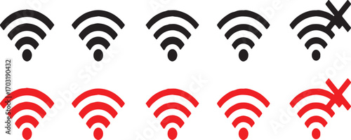 wifi, wireless, internet, connection, signal, strength, icon, symbol, graphic, design, illustration, black, red, full, partial, no signal, disabled, web, technology, network, interface, element, set, 