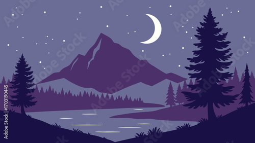 Night Landscape with Mountain, Crescent Moon, and Starry Sky.
