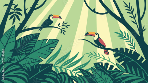 Two toucans perched on branches in a lush tropical forest.