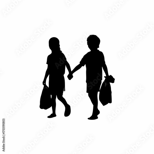 Siblings carrying groceries together silhouette on white background