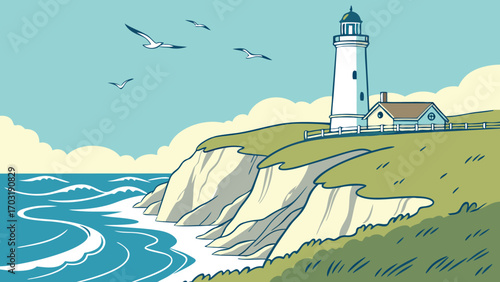 Coastal Lighthouse and Dwelling on a Grassy Cliff Overlooking the Sea.