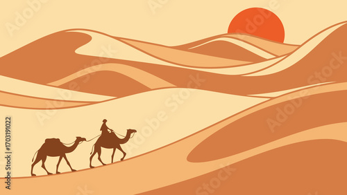 Two camels with riders crossing a desert landscape at sunset.