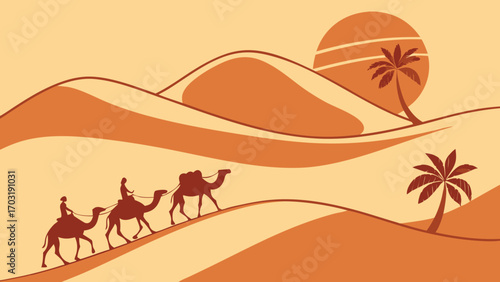 Desert caravan journeying through the dunes under the scorching sun.