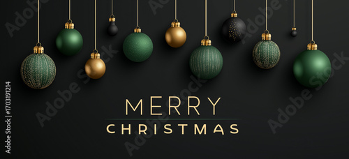 Merry christmas with hanging green and gold ornaments on a black background