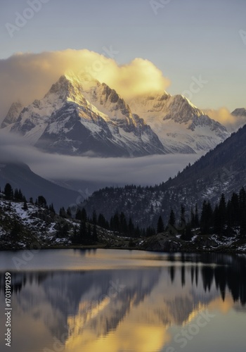 Majestic Alpine Mountains at Sunrise with Golden Clouds, Snowy Peaks, and a Serene Lake Reflecting the Vibrant Light and Nature' Beauty