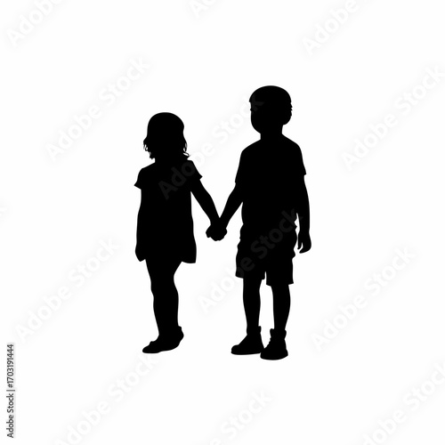 Silhouette of siblings holding hands after a quarrel