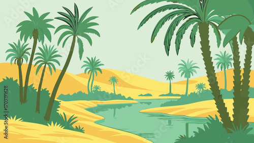 Desert Oasis Scene with Palm Trees and Water.