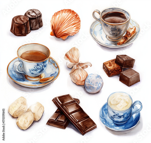 Watercolor illustration of various chocolates and cups of coffee and tea