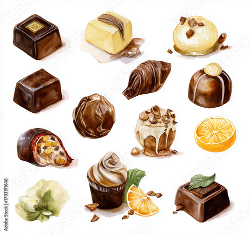 Watercolor illustration of assorted chocolates and citrus fruit pieces