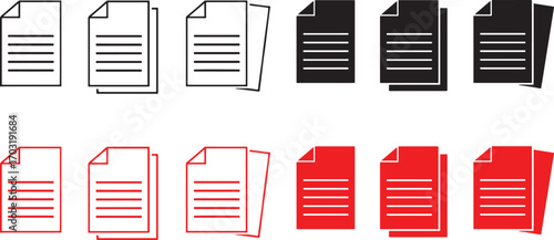 document, paper, file, page, icon, symbol, information, text, writing, list, graphic, design, set, collection, black, red, white background, isolated, simple, modern, line art, silhouette, outline, fi