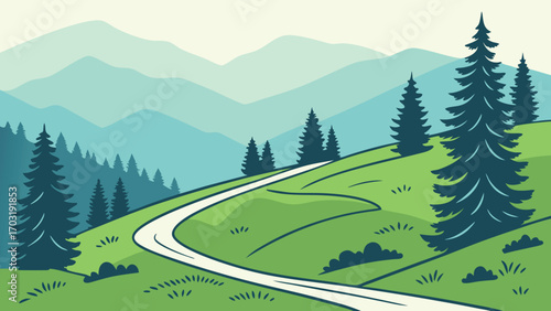 Winding Road Through Green Mountain Landscape with Pine Trees.