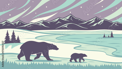 Polar bear mother and cub walking in a snowy landscape.