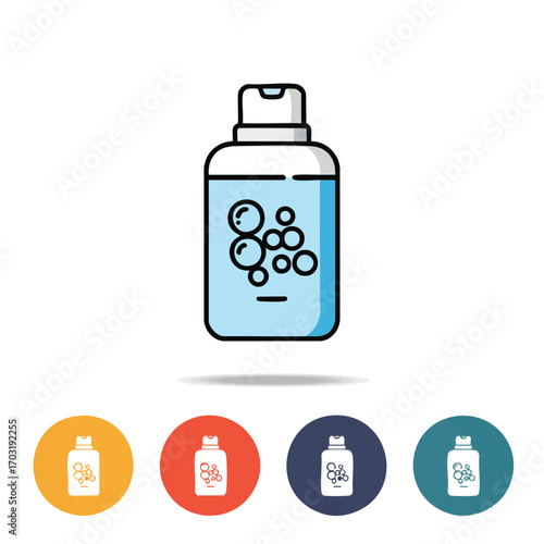 A minimalist line art icon depicts a sleek bottle filled with refreshing blue liquid and effervescent bubbles, symbolizing cleanliness and personal hygiene products.