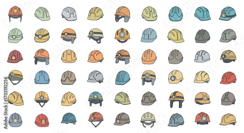 A diverse collection of hard hats and helmets, showcasing various styles, colors, and designs, suitable for construction, mining, and industrial safety.