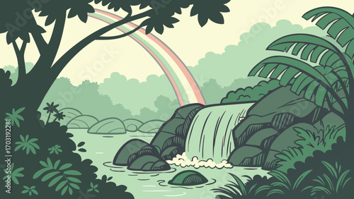 Lush jungle waterfall with a vibrant rainbow arching over the serene landscape.