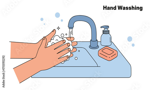 An illustration depicts the process of handwashing, showing hands lathered with soap under running water from a faucet in a clean, hygienic bathroom environment.
