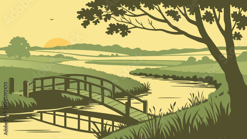 Rustic wooden bridge over calm river stream.