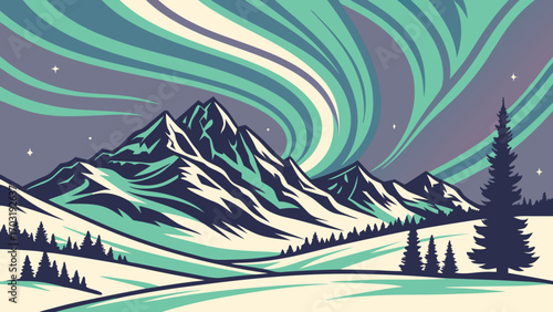 Majestic Mountains Under the Aurora Borealis - A Vector Illustration.