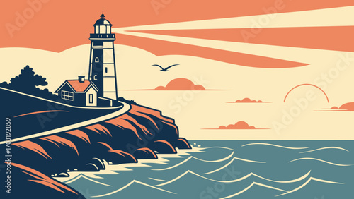 Coastal Lighthouse Guiding Ships Through The Sea.