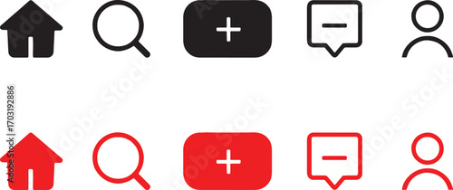 icon, set, user interface, ui, home, house, search, magnifying glass, plus, add, minus, subtract, message, chat, bubble, person, profile, user, account, black, red, white, isolated, graphic, design, i