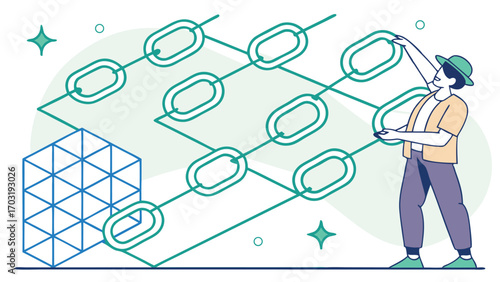 Man connecting blockchain links in a network.