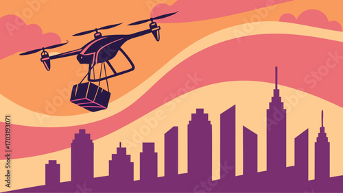 Delivery Drone Carrying Package Over City Skyline.