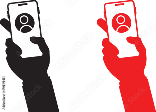 smartphone, hand, holding, mobile phone, cell phone, icon, user, profile, person, silhouette, black, red, white background, communication, technology, digital, connection, contact, account, avatar, gr