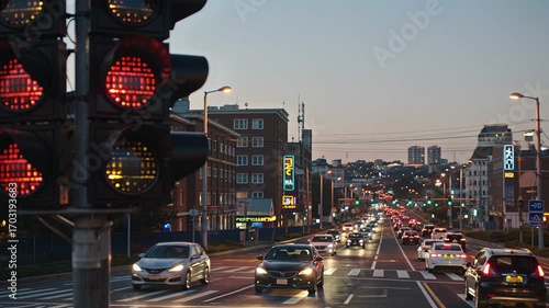 Cinematic footage of urban rush hour traffic with red traffic light signal and cars waiting on a busy city street at dusk