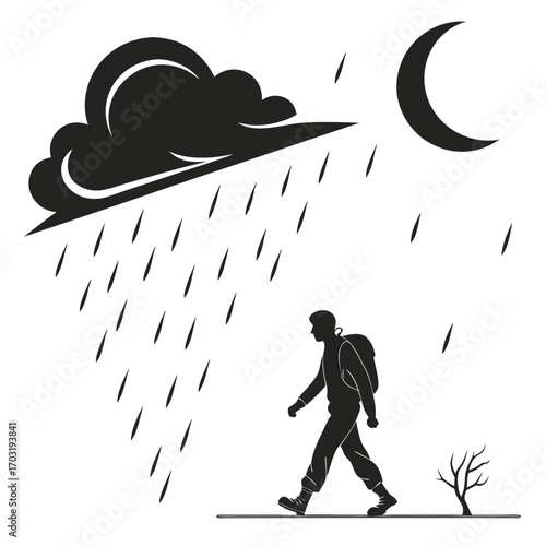 Silhouette of a Hiker Walking in the Rain at Night.
