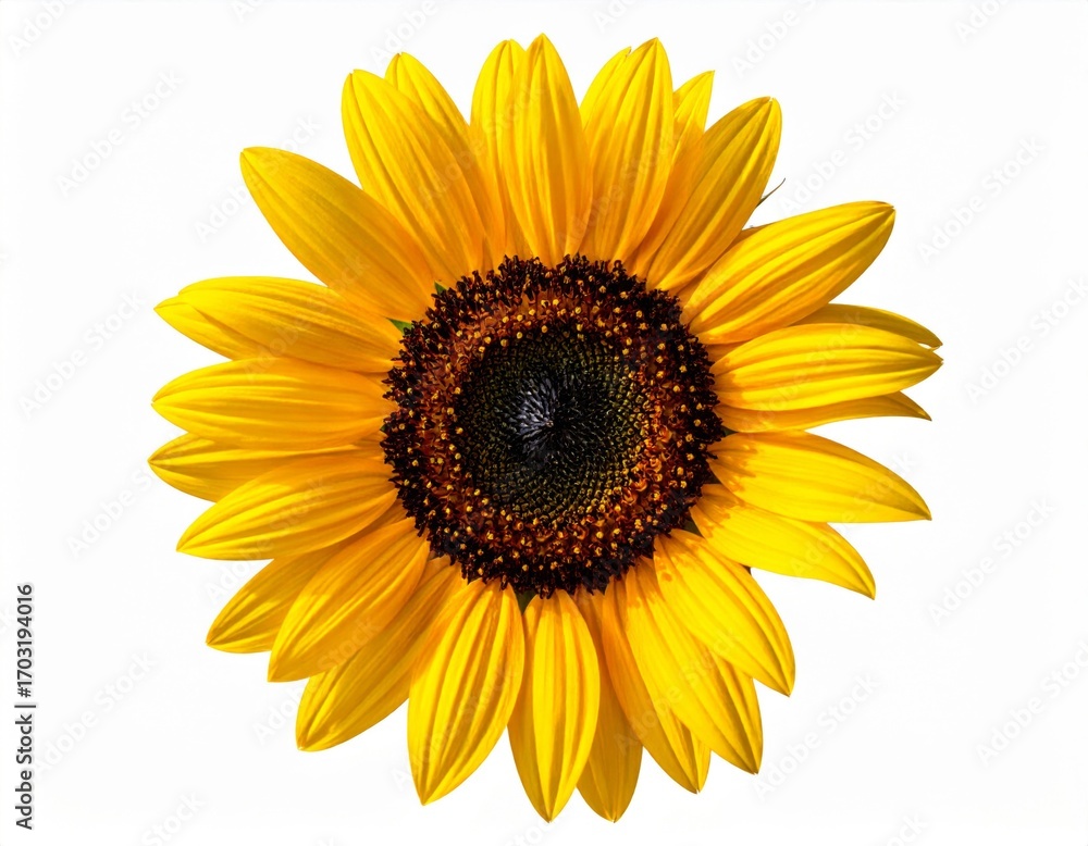 Fototapeta premium Close Up of a Vibrant Yellow Sunflower Bloom Isolated on White Background in Bright Sunlight