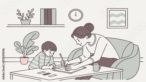 Mother and son drawing together at a table, sharing a creative moment.