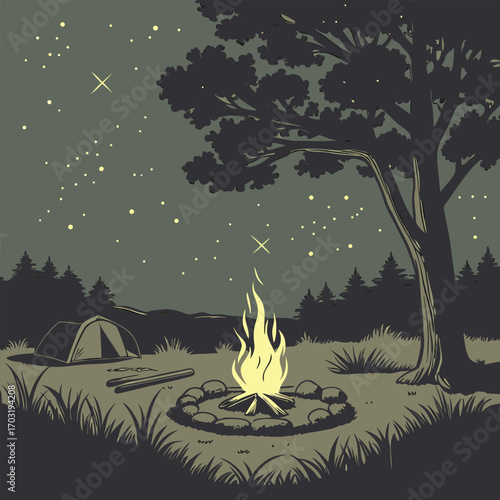 Camping at night with campfire and tent.