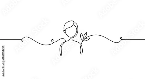 A minimalist continuous line drawing of a person holding a small plant with leaves.