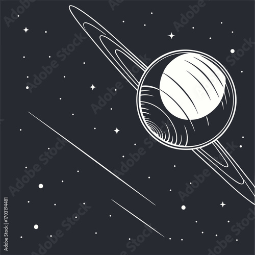 Saturn planet with rings in outer space, celestial body illustration.