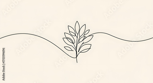 A minimalist line drawing of a plant with leaves, centered on a beige background with wavy lines on either side.