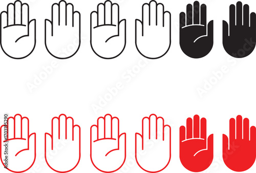hand, open hand, palm, fingers, five fingers, stop, help, gesture, communication, symbol, icon, outline, solid, black, red, white background, human, body part, greeting, warning, rejection, denial, no