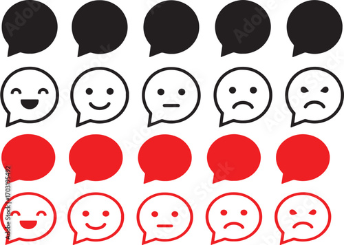 speech bubble, emoji, face, expression, emotion, happy, sad, neutral, angry, laughing, smiling, red, black, white, outline, icon, symbol, communication, feedback, survey, rating, sentiment, message, c